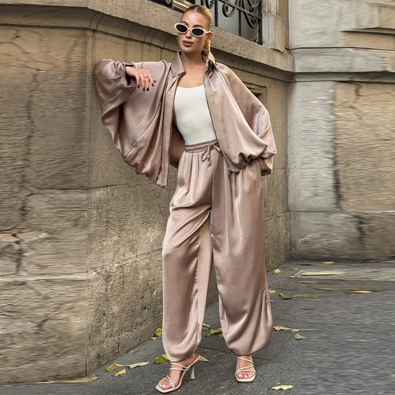 

European Style Satin Matching Set Women Oversized Lantern Sleeve Jacket + Wide Leg Trousers Female Daily Commuter Clothing