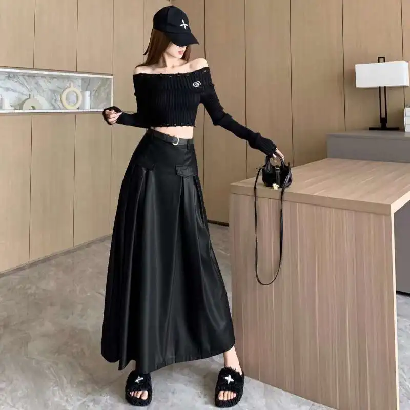 

Длинная юбка с высокой талией в стиле ретро, женская модная универсальная повседневная юбка-миди из искусственной кожи длиной f, весна 2024, китайский заказ