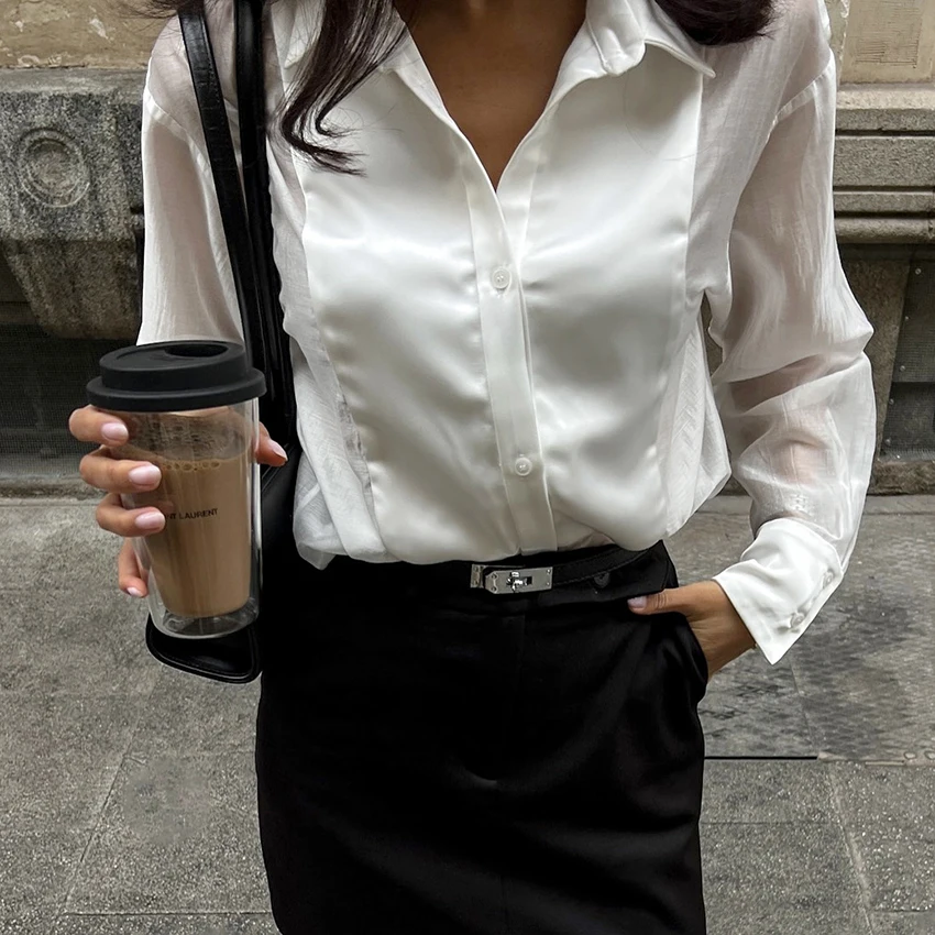 리나드 우아한 패치워크 화이트 라펠 셔츠 여성용 2026 스트리트 시크 싱글 브레스티드 블라우스 여성 캐주얼 긴팔 여성 상의