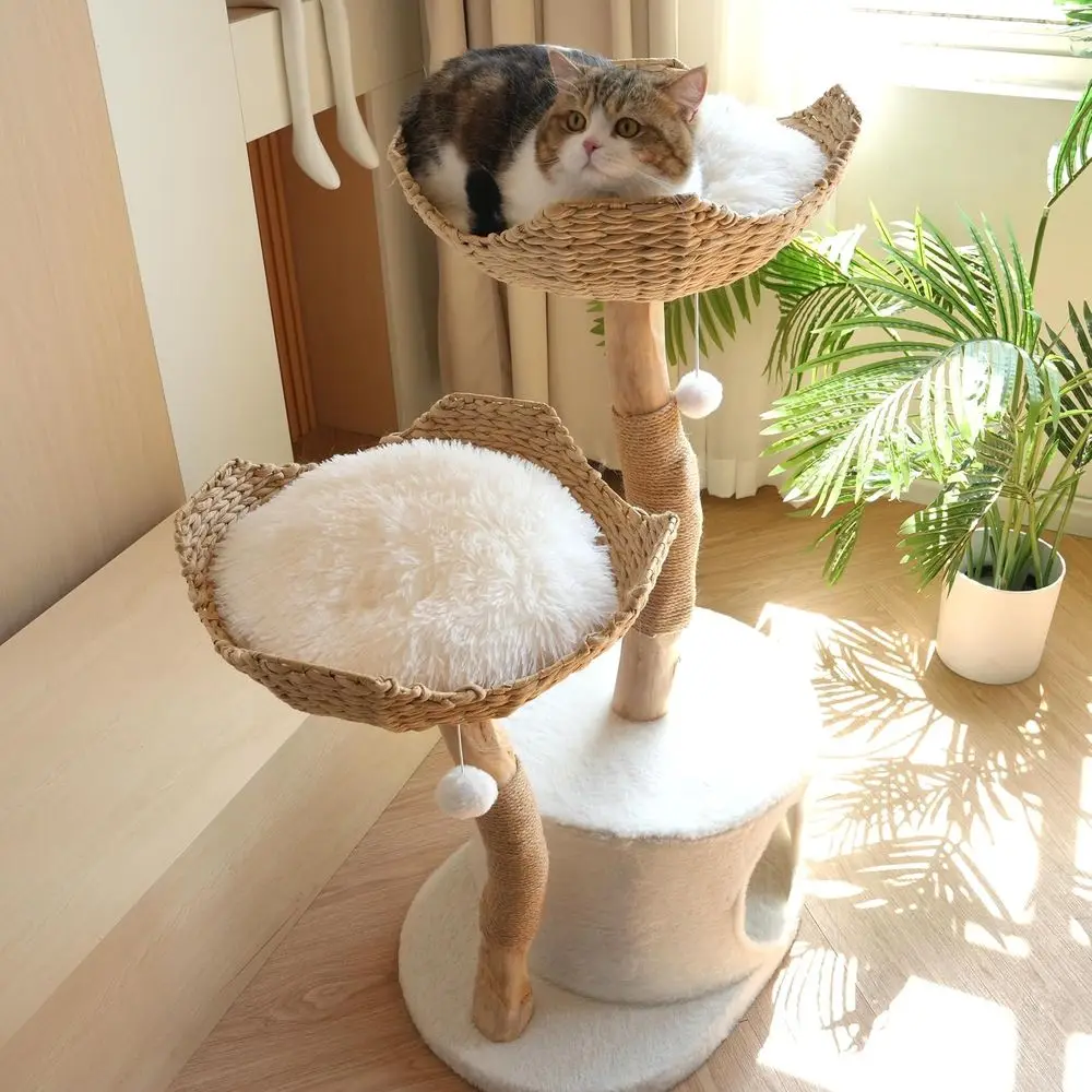 

Modern Cat Tree Tower – Wooden Cat Condo with Dangling Ball, Cozy Baskets, Scratching Posts, for Large Indoor Cats, Solid Wood A