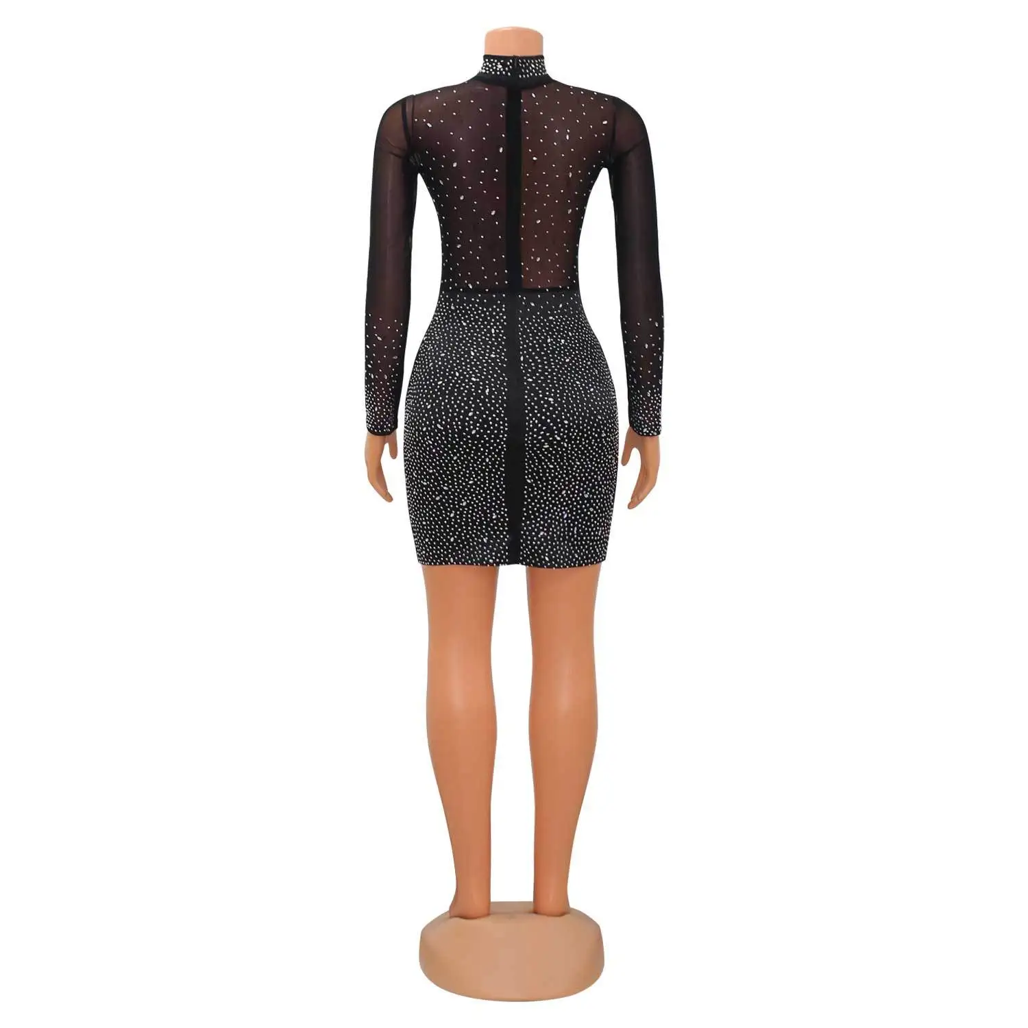 Party Niche Design Nightclub Party Party Club Sexy Mesh Long Sleeve Hot Drilling Dress Short Women