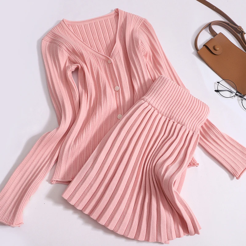 

Women Sweater Set Casual Cardigans Suits Mini Skirt Korean V-neck Long Sleeve Top High Waisted Pleated Skirt Suit