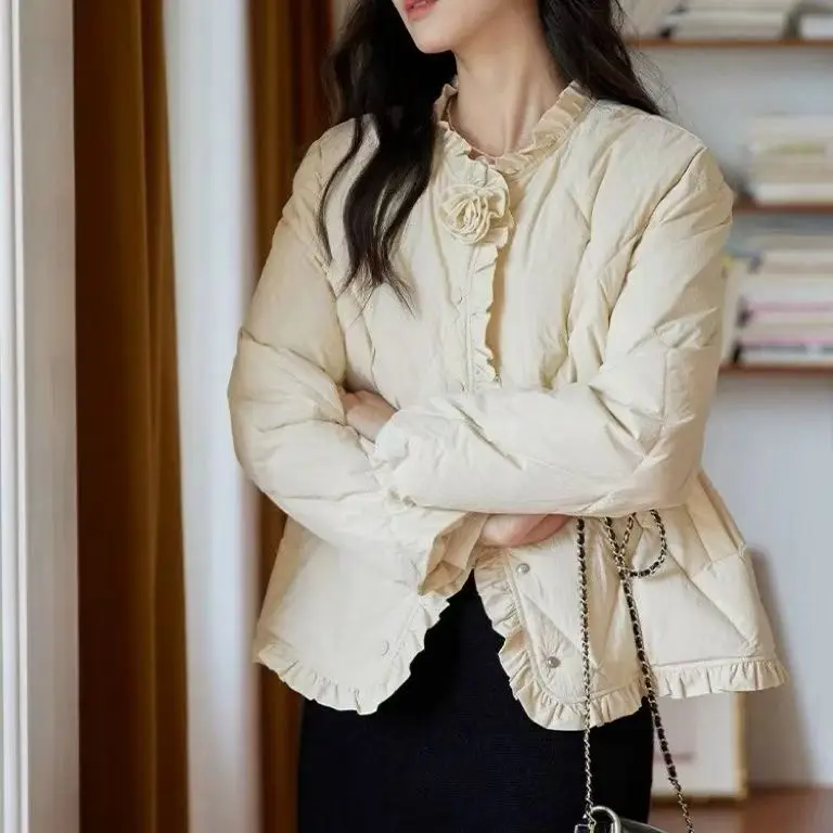 Piumino da donna in cotone Jaet ort Cappotto invernale vintage leggero e ampio Fiore 3D impreziosito in legno coreano Sle