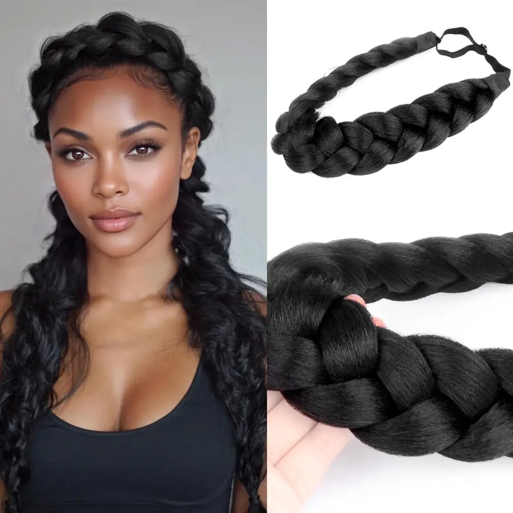 Thick Wide 1 Strands Synthetic Hair Braided Headband Hairpiece for Women Girl Kinky Straight