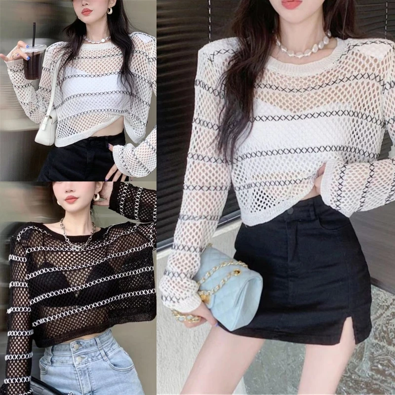 

Mesh O-Neck for T Shirt Women Loose See Through Stripe Knit Fishnet Crop Top Cov N7YF