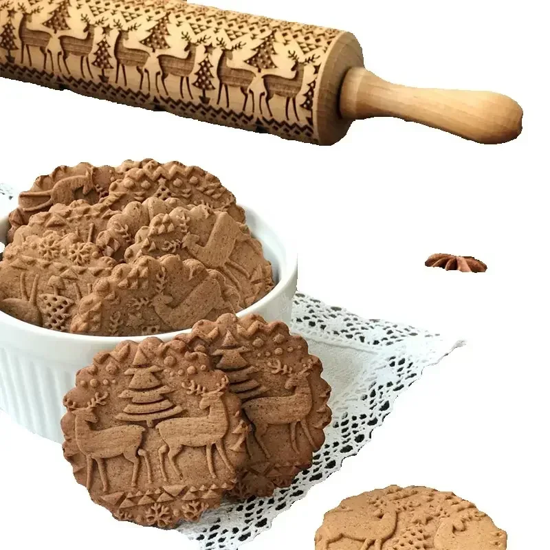 1pcs Christmas Embossing Rolling Pin Baking Cookies Noodle Biscuit Fondant Cake Dough Engraved Roller Reindeer Snowflake