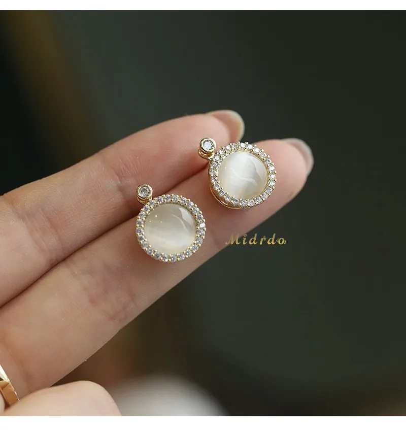 18k Opal Gold Plated Earrings 925 Silver Needle Cat's Eye Gemstone Rotatable Adjustable Jewelry for Women Wholesale Dropshipping