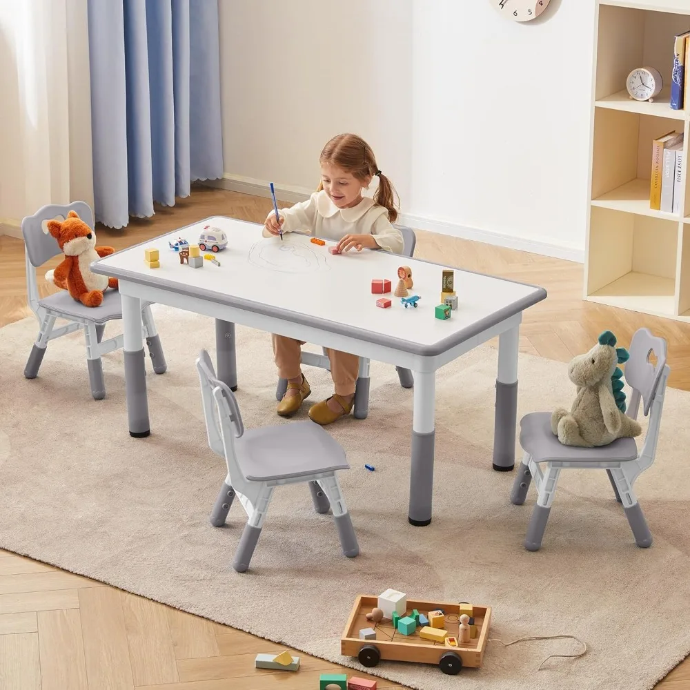 

Toddler Table and Chairs Set for 4, 47.2''L x 23.6''W Kids Study Table and Chair Set, Height-Adjustable, Graffiti Desktop