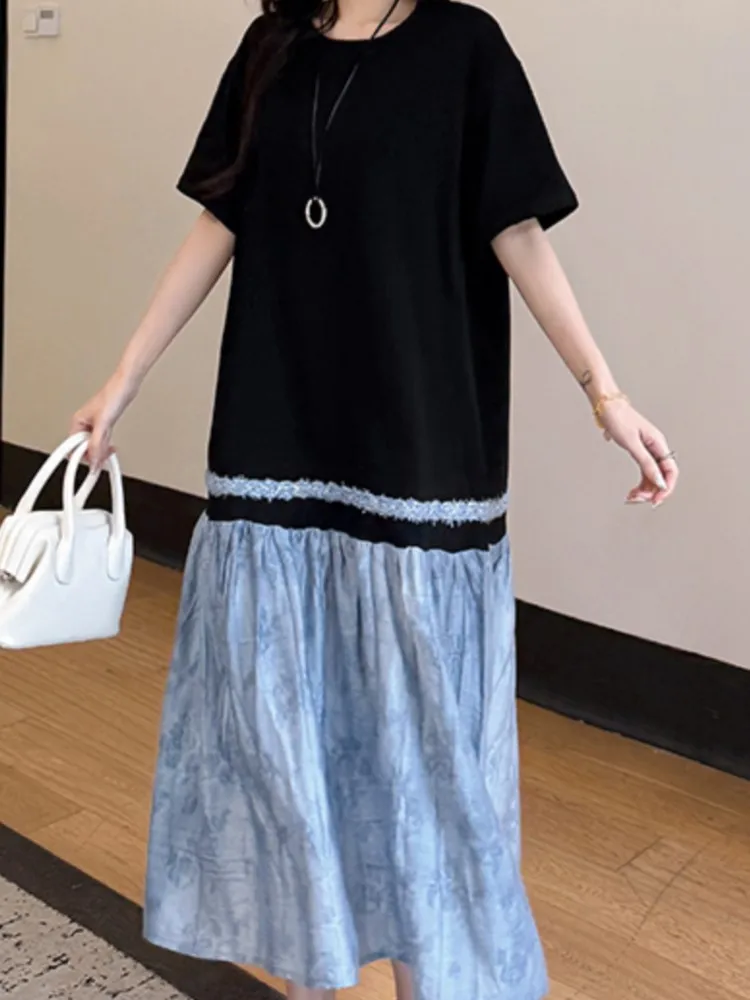 korean style loose dress Womens 3/4 Sleeves Pullover Loose Korean Fashion Round Neck Casual Long Dress
