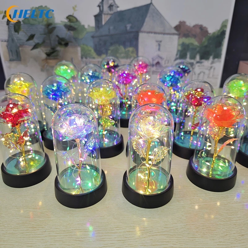 1PC For Women Beauty And The Beast Preserved Roses In Glass Galaxy Rose LED Light Artificial Flower Birthday Gift For Girl Gifts