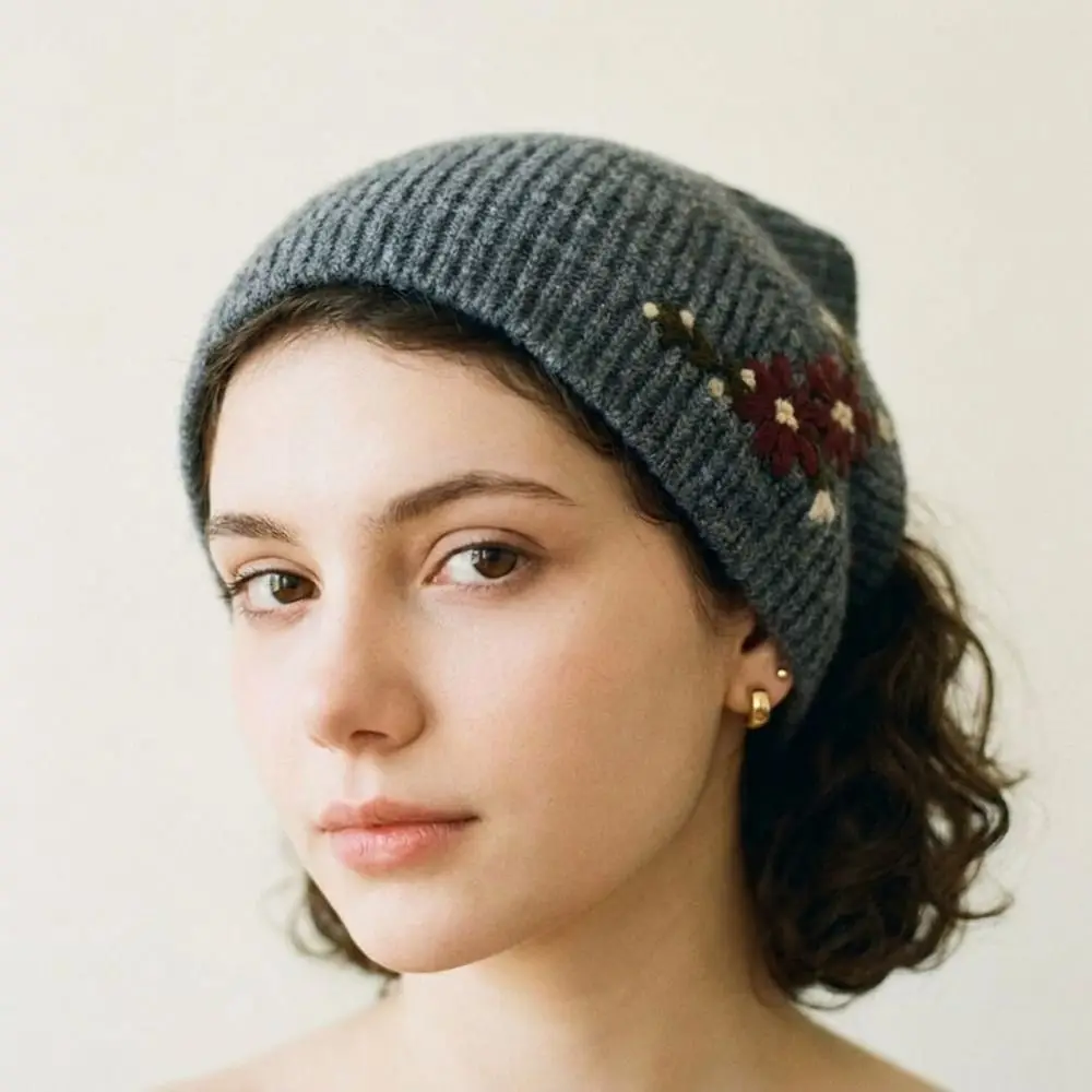Cute Floral Flower Embroidery Knitted Hat Retro Warm Round Top Cap Ear Protectors Korean Earflap Hat Scarf Accessories