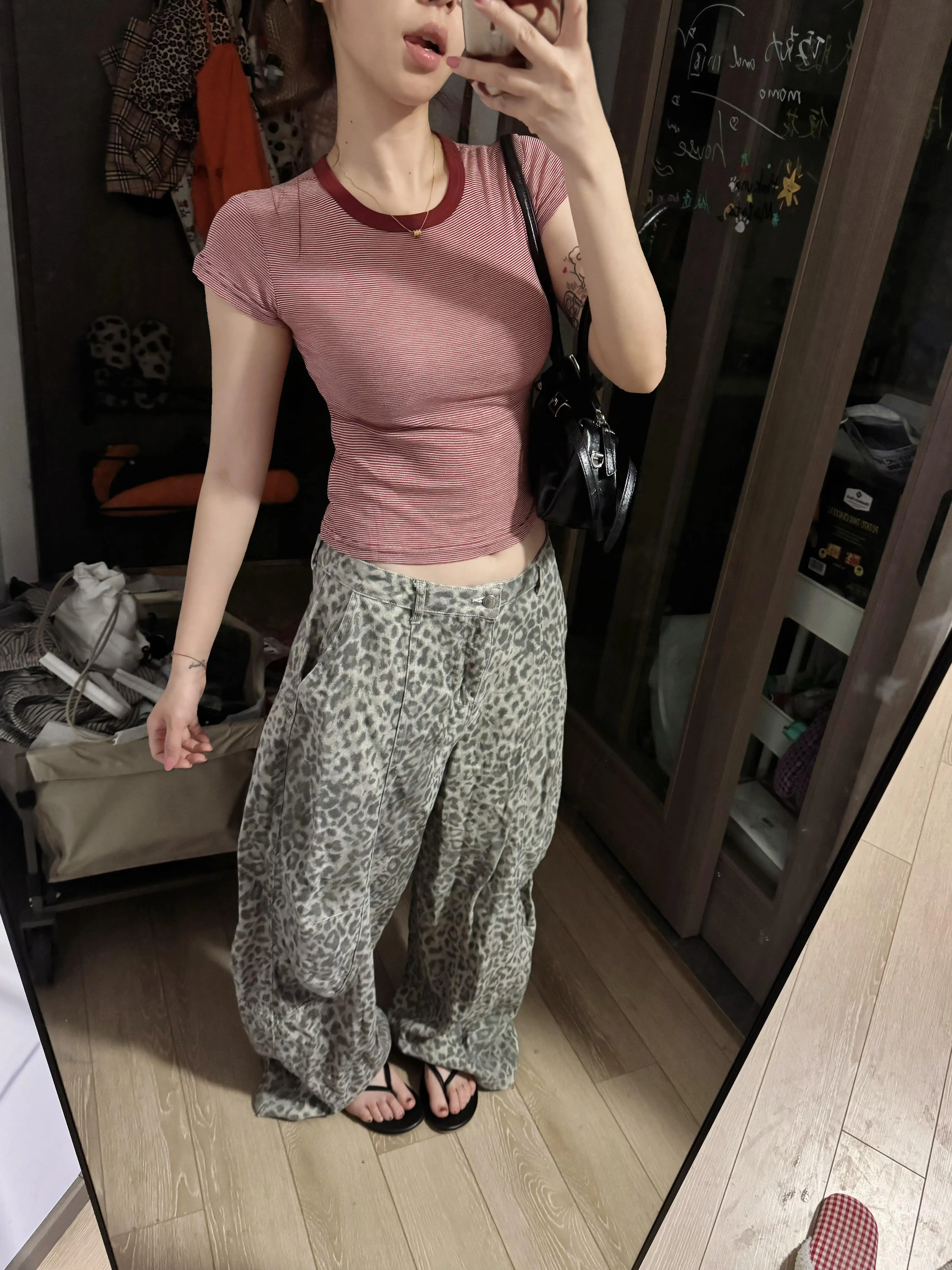 

American Style High Waist Knife Leopard Print Women's Jeans Summer Loose BF Lazy Wide Leg Floor Length Pants