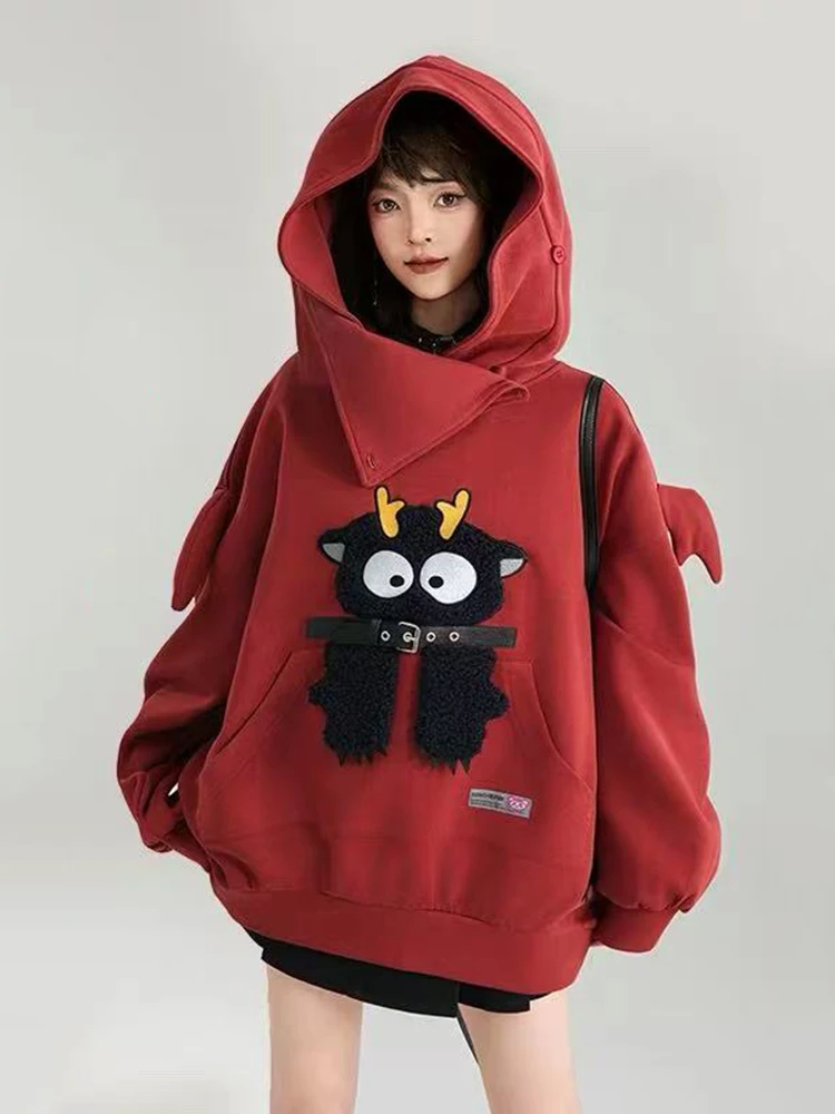 

Милый свитшот с вышивкой мультфильма для женщин Y2K, зимние флисовые свободные повседневные толстовки, универсальный пуловер в японском стиле в стиле панк
