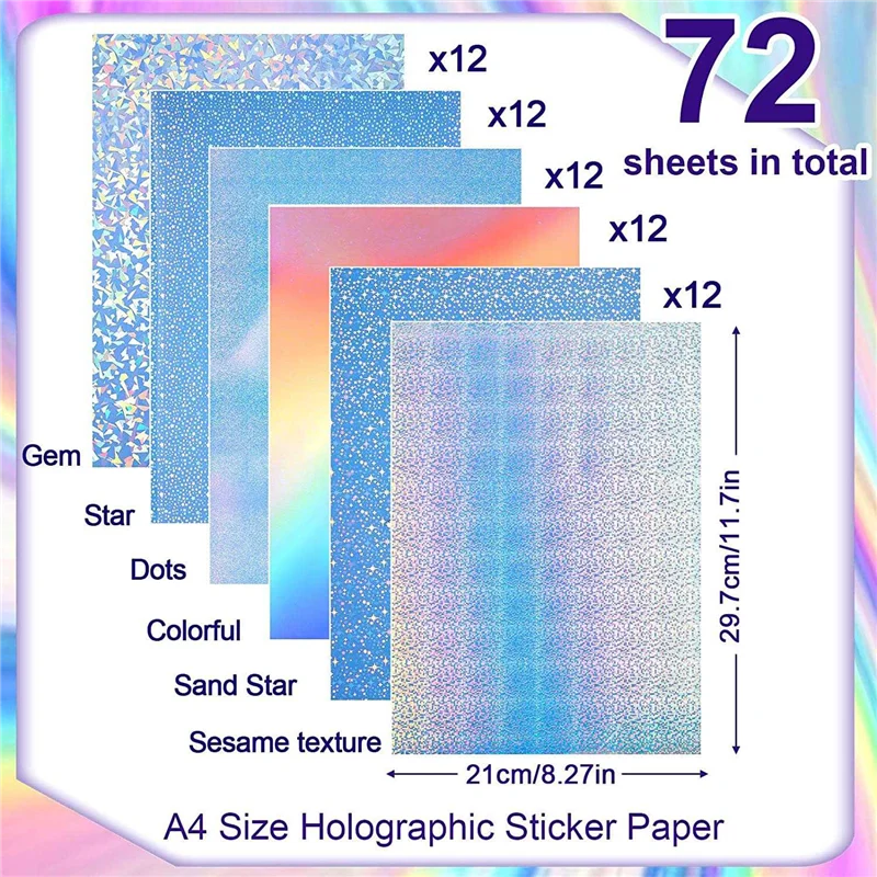 72 Sheets Holographic Sticker Paper with Gem Star Patterns A4 Size Printable Vinyl Sticker Paper, 8.27In x 11.7In