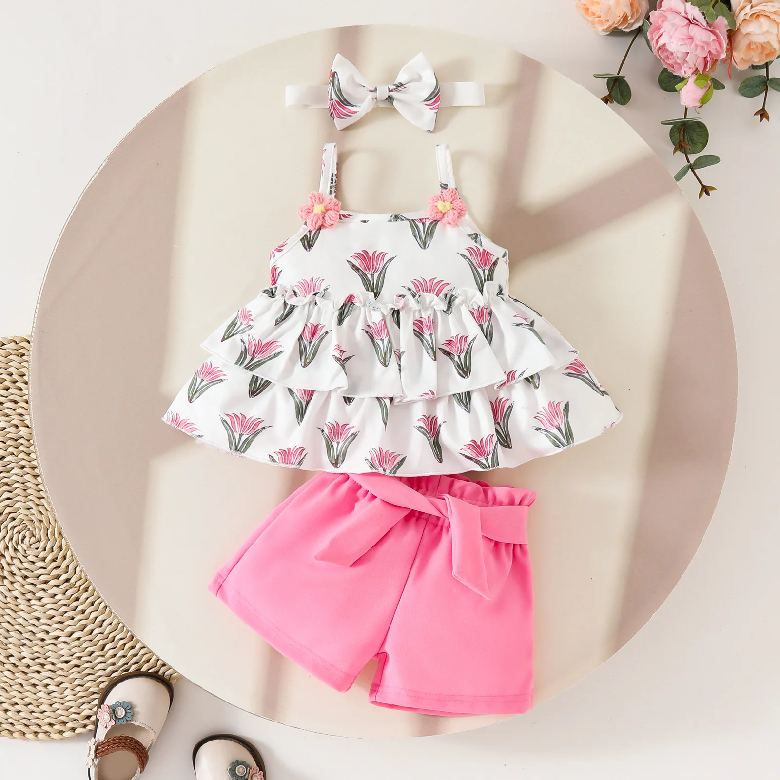 

Baby Clothes Girl Set Summer Floral Pattern Camisole Double Layer Skirt Top Solid Color Shorts Hairband Infant Outfit