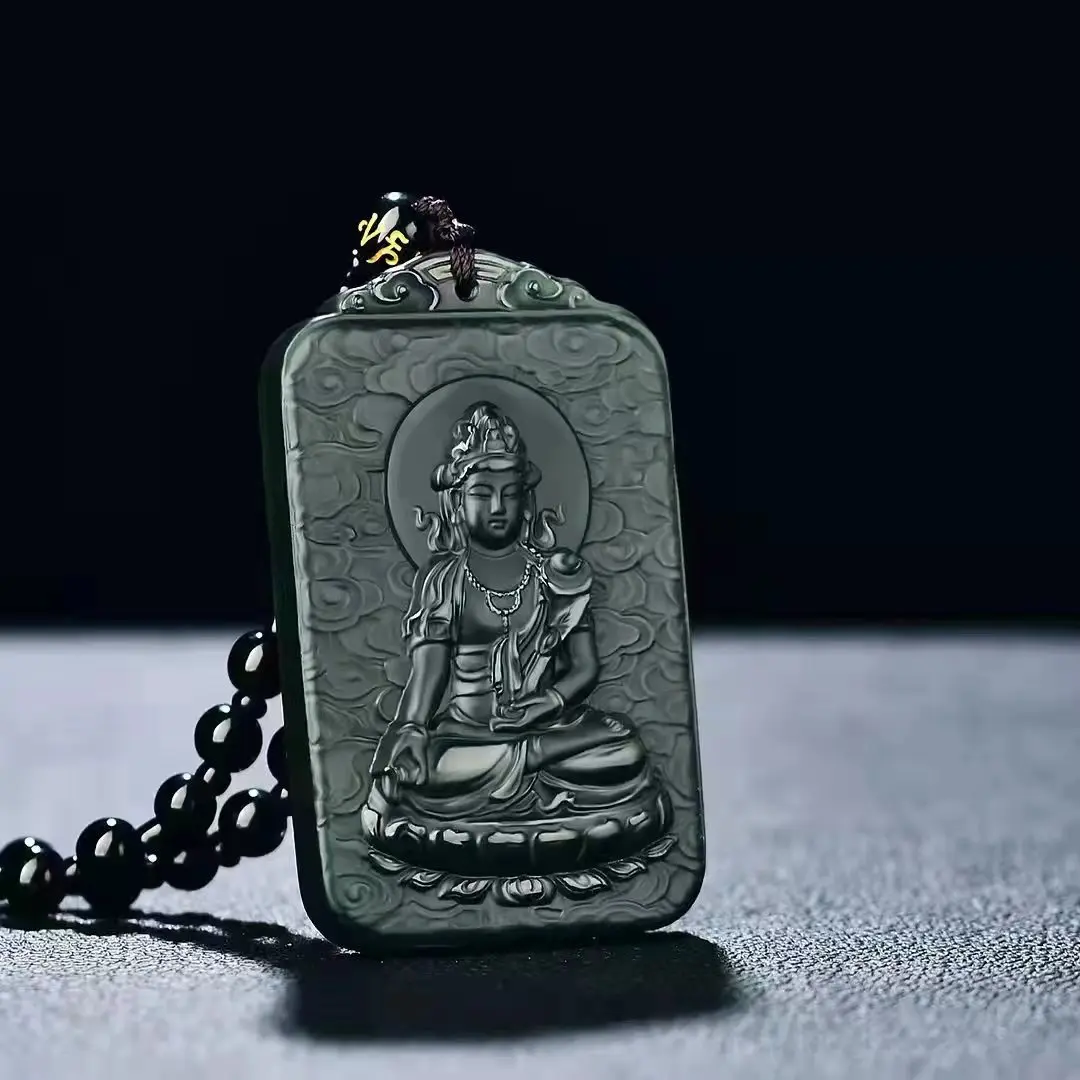 

Fine Hetian Jade 39*63MM Sapphire Guanyin Pendant Jewelry 8973#