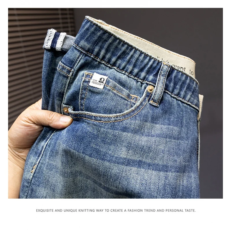 Vintage Jeans Men's Scratch Loose Straight Casual Pu Handsome Stretch-Fit Pants plus-Sized plus-Sized Men's Trousers