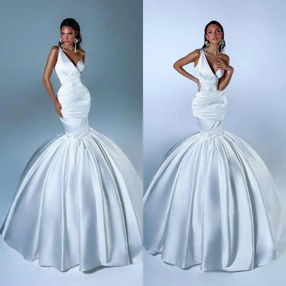 Trendy One-Shoulder Deep V Mermaid Wedding Dress Satin Ruched Detail Formal Bridal Gown for Luxury Indoor Weddings Customized