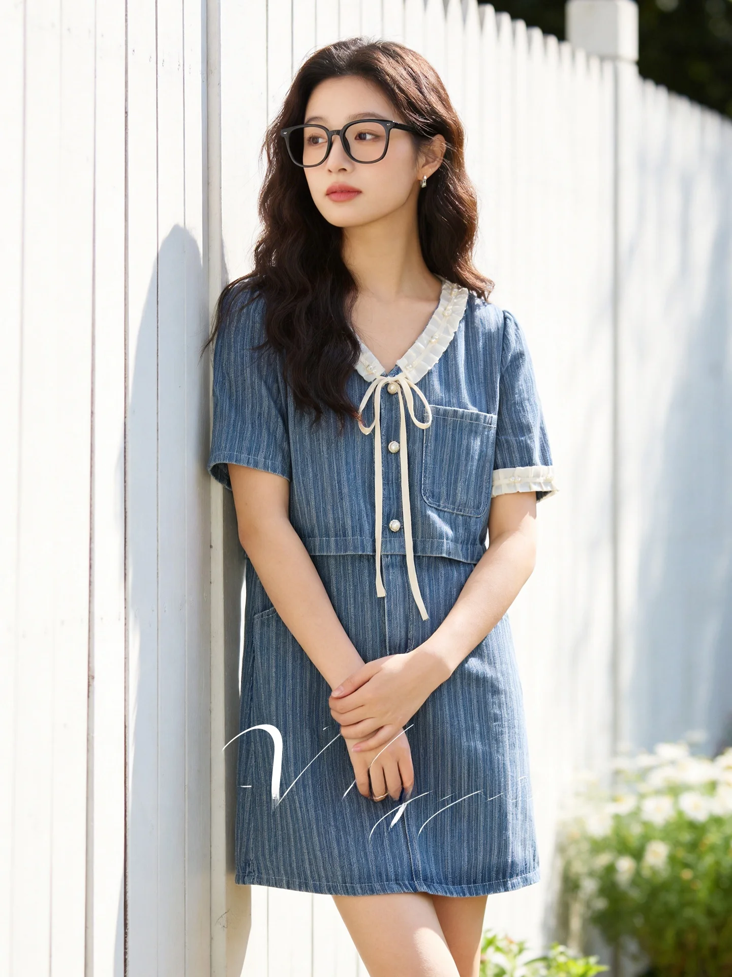 

plus Size Women's Dress Summer New Style Plaid Denim Skirt High Waist A-Line Cotton Gown with Doll Collar Commuter Style