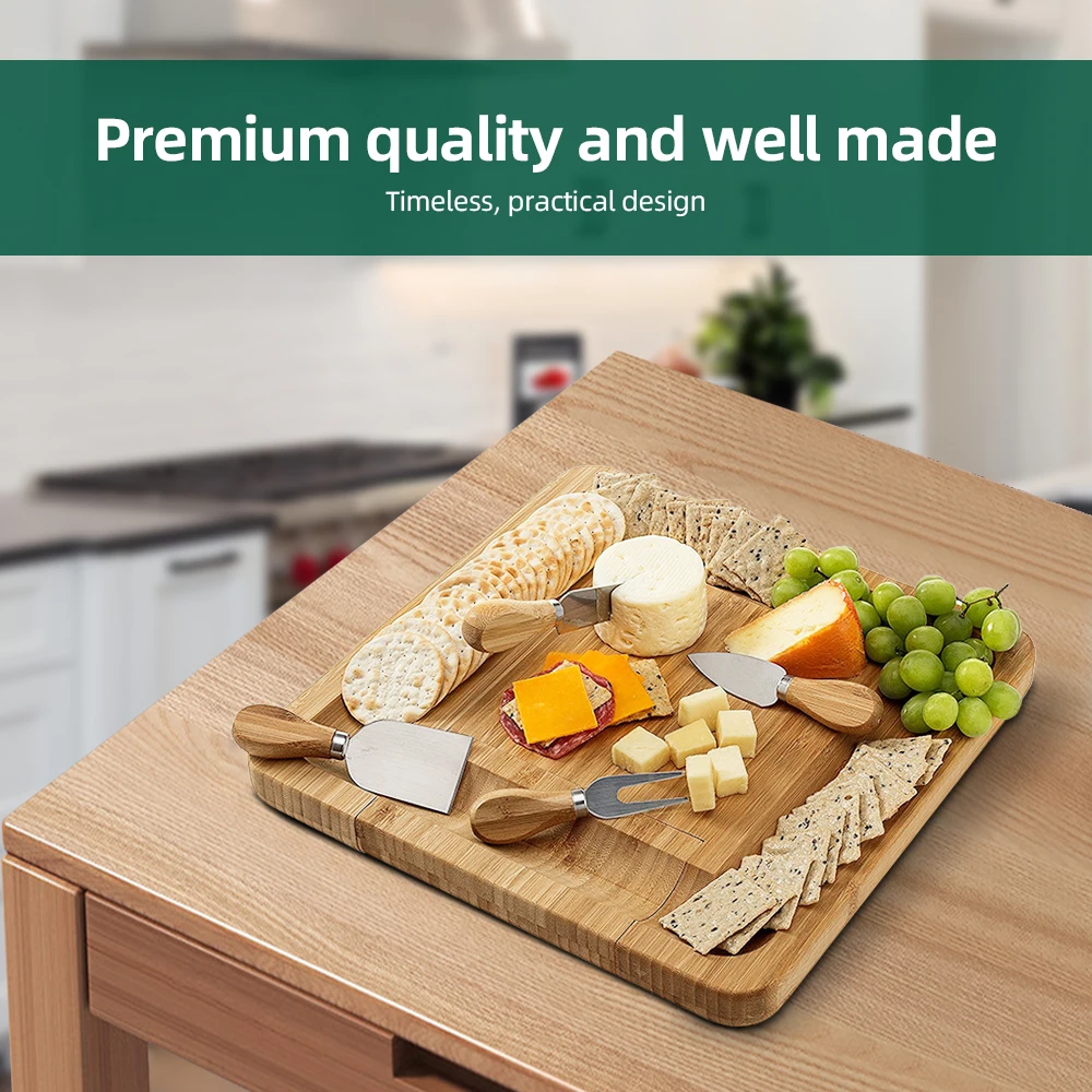 Charcuterie Boards Gift Set with 4 Cheese Knives Large Square Bamboo Cheese Boards with Hidden Utensil Drawer Partition Food