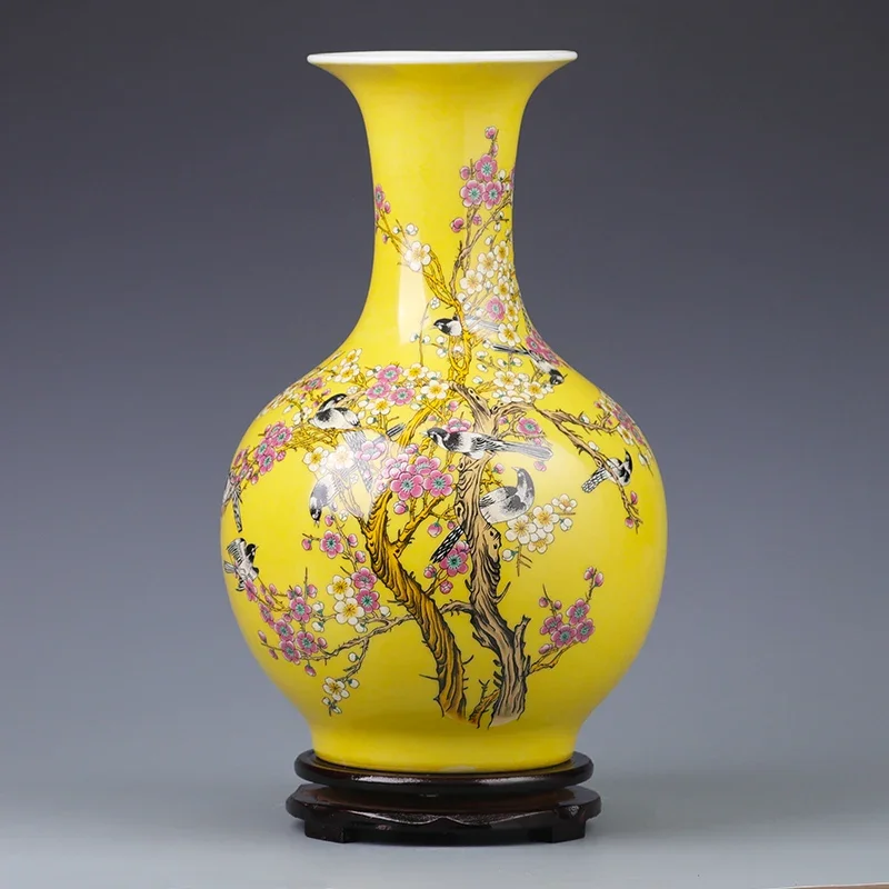 Ceramic vase ornament yellow vase living room flower arrangement Chinese home TV cabinet decoration porcelain vase