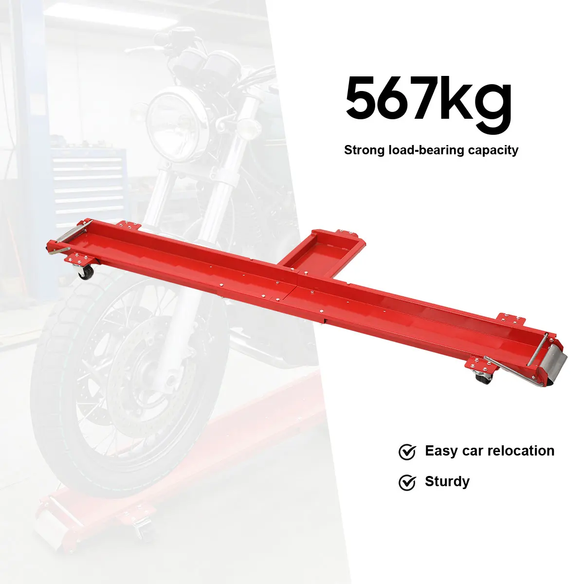 Image of 567 kg Motorrad-Parkständer, Rollwagen, Garage-Transporthilfe, Motorrad-Transporthilfe, Motorrad-Parkständer, verstellbarer, faltbarer, langer Motorrad-Transportständer aus Stahl, robuste