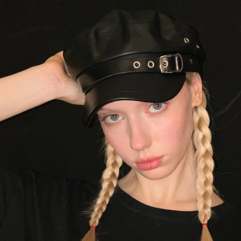 قبعة فنان عتيقة للنساء من جلد البولي يوريثان مع قبعة رسام بإبزيم قابل للتعديل للجنسين، أغطية رأس قوطية كاجوال للخارجية