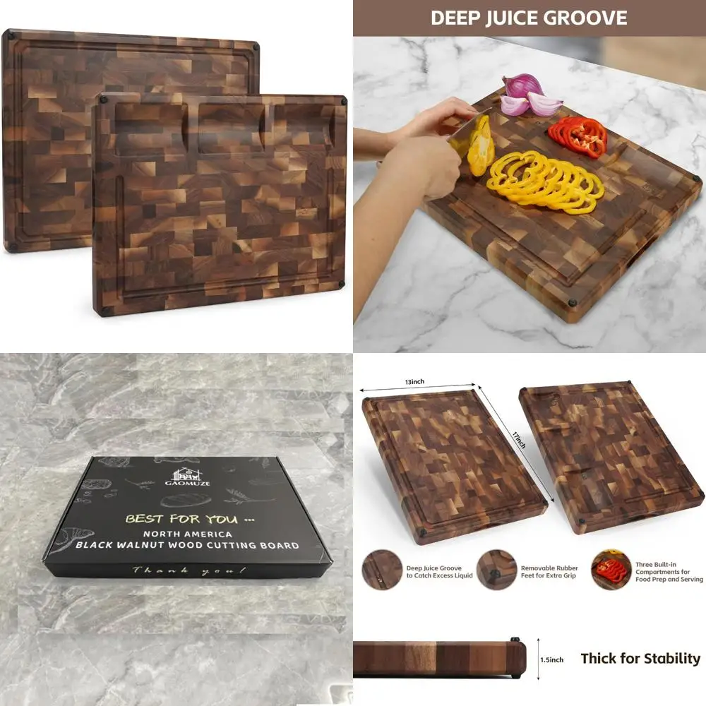 

Double-Sided Black Walnut Wood Cutting Board, 17x13x1.5 inches, Kitchen Use with Juice Grooves, Handles for Easy Grip