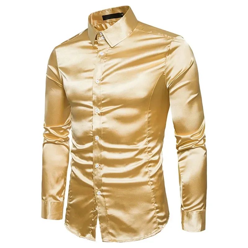 Camisa de seda cetim lisa masculina, smoking monocromático, slim fit casual, camisas de casamento, ouro brilhante, empresarial