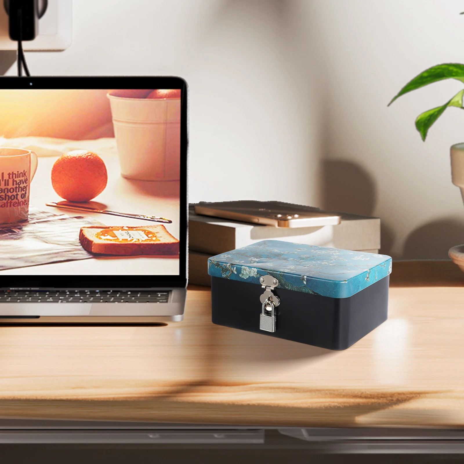 

Retro Tinplate Storage Box with Lock for Desk Coffee Foods Metal Lock Box Desktop Organizer Storage Container