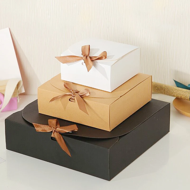 1pc Big Kraft Paper Gifts Box White/Brown Kraft Carton Packaging Boxes With Bow Wedding Birthday Party Candy Package Supplies