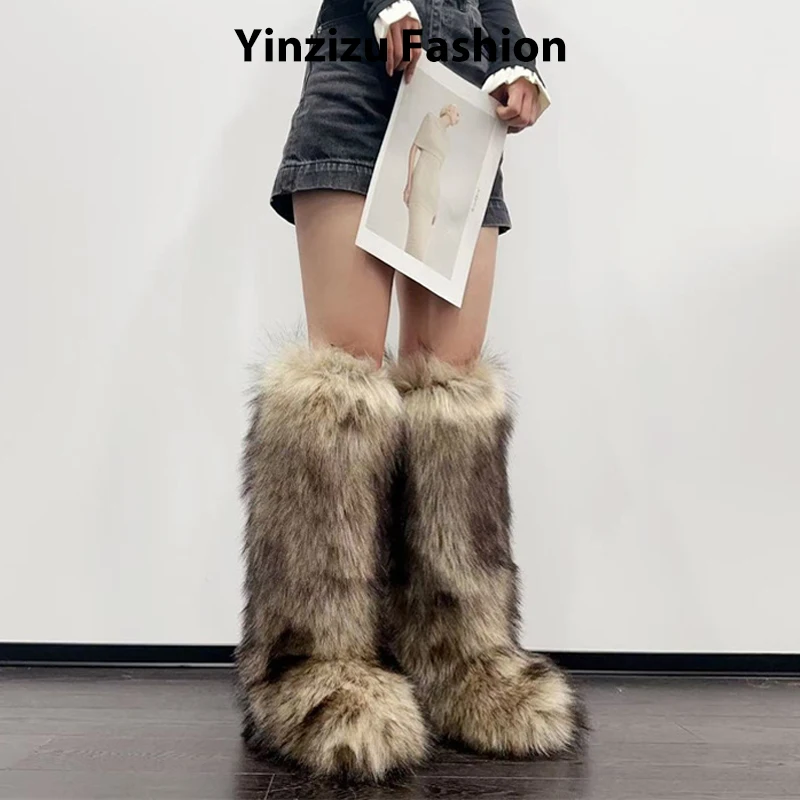 

Luxury Winter Faux Fur Knee High Boots Women Snow Boots Fluffy Faux Fur Warm Snow Boots for Women Platform Plush Shoes