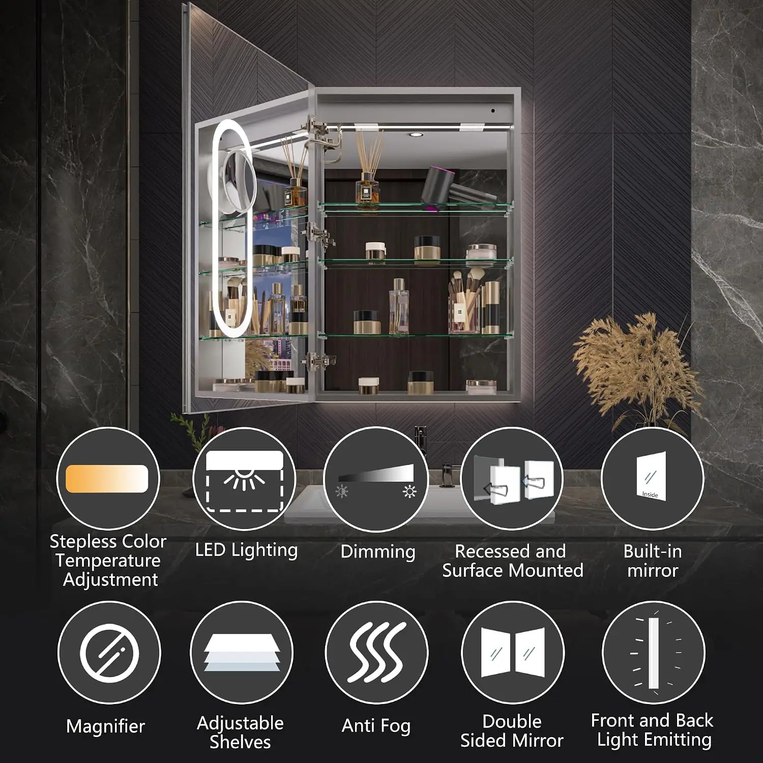 Medicine Cabinet Light Mirror  Soft-close Anti-Fog Dimmable Sensor Recessed Surface Adjustable Shelf Left-handed, Customized
