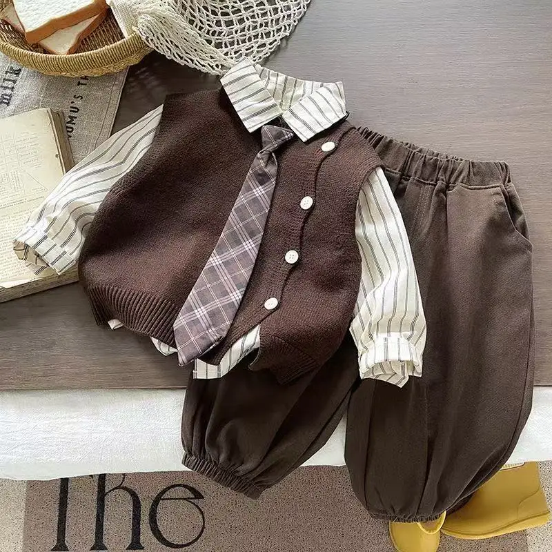

Toddler Boys Fashion Suit Spring Fall Casual Knitted Vest + Cotton Striped Shirt+ Pants +Tie 4pcs Set 1-5Y Kids Clothes Outfits