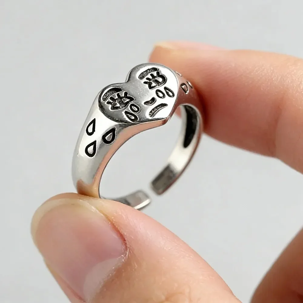 Unisex Retro Heart Crying Face Open Ring Silver Punk Gothic Adjustable Band Ring Handmade Designer Jewelry for Men Women