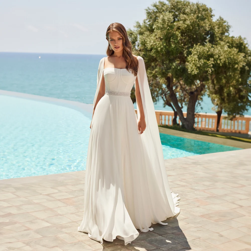 Robe de Mariée Trapèze en Satin avec Ceinture Plissée pour Femme, Vêtement à Col Bateau Modeste avec Cape, pour ixde Mariage