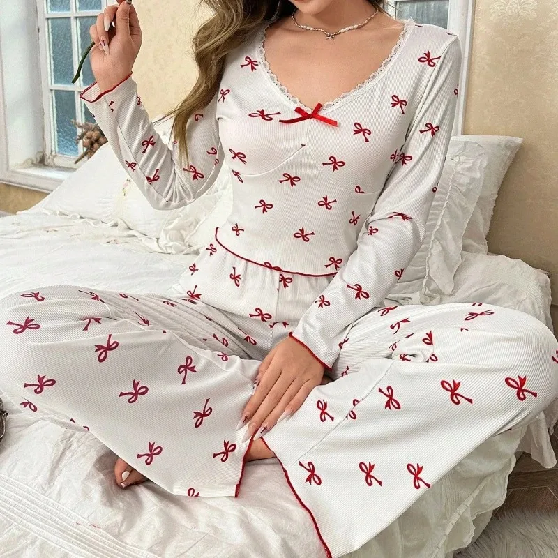 Spring Autumn Pajama Set for Women Sleepwear Lace Trim Bows Print Long Sleeve Top & Full-Length Pants Nightwear Loungewear