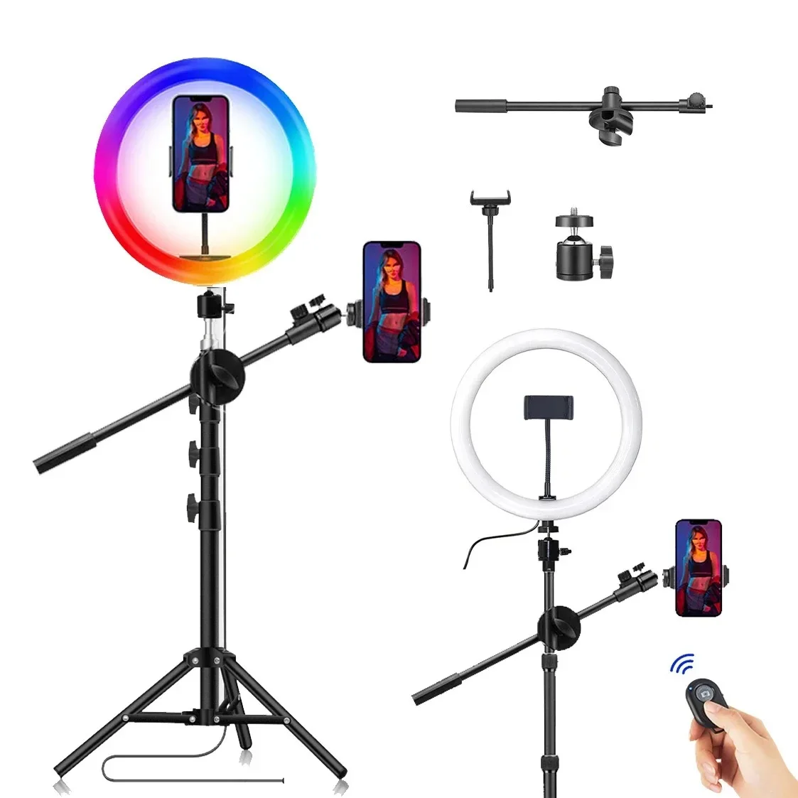 Anillo de luz Led RGB para fotografía y vídeo, iluminación de relleno de 26CM, cámara, estudio fotográfico, teléfono, lámpara de Selfie con trípode, brazo Boom, Youtube