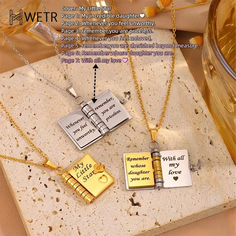 الفولاذ المقاوم للصدأ بلدي ليتل ستار نقش كتاب قلادة قلادة لابنة الحب قابلة للفتح مع 7 صفحات هدية سلسلة سترة المرأة #2