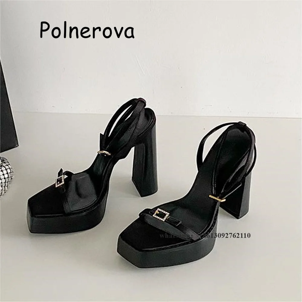 

Satin Rhinestone Buckle Sandals Platform Chunky Heels Women's Shoes Front Rear Strap Summer Casual Sexy Ladies Fashion Sandals