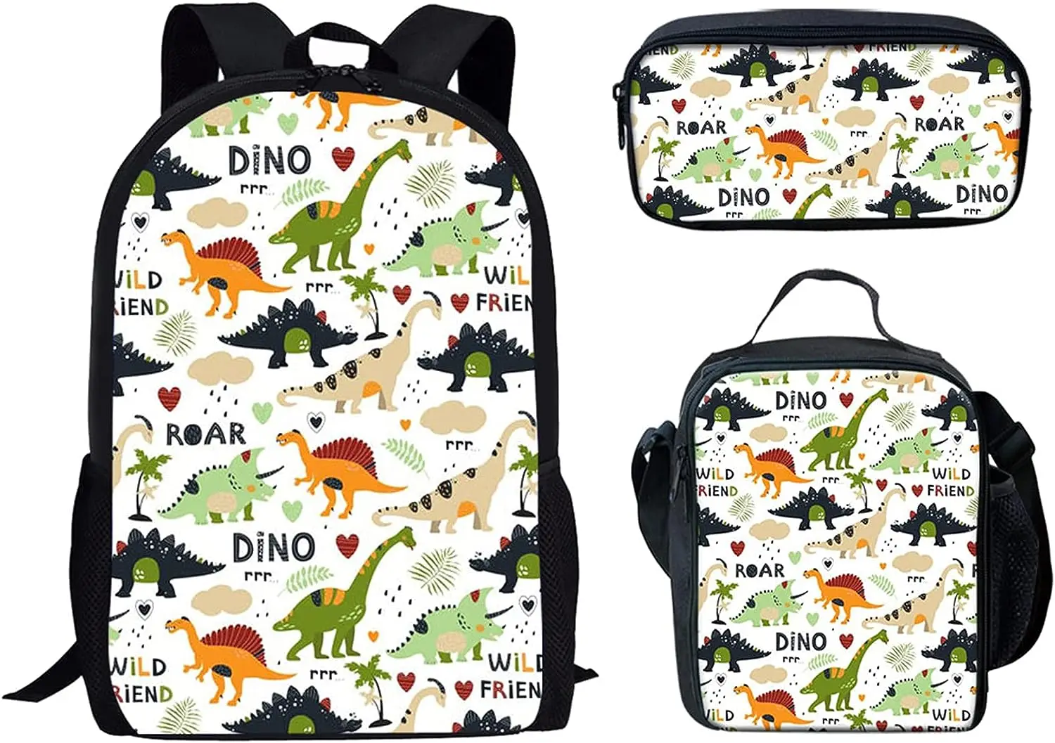 Cartoon Dinosaur Pattern Print 3 Set School Bag Lightweight Backpack for Teen Boys Girl Casual School Bag Lunch Bag Pencil Case