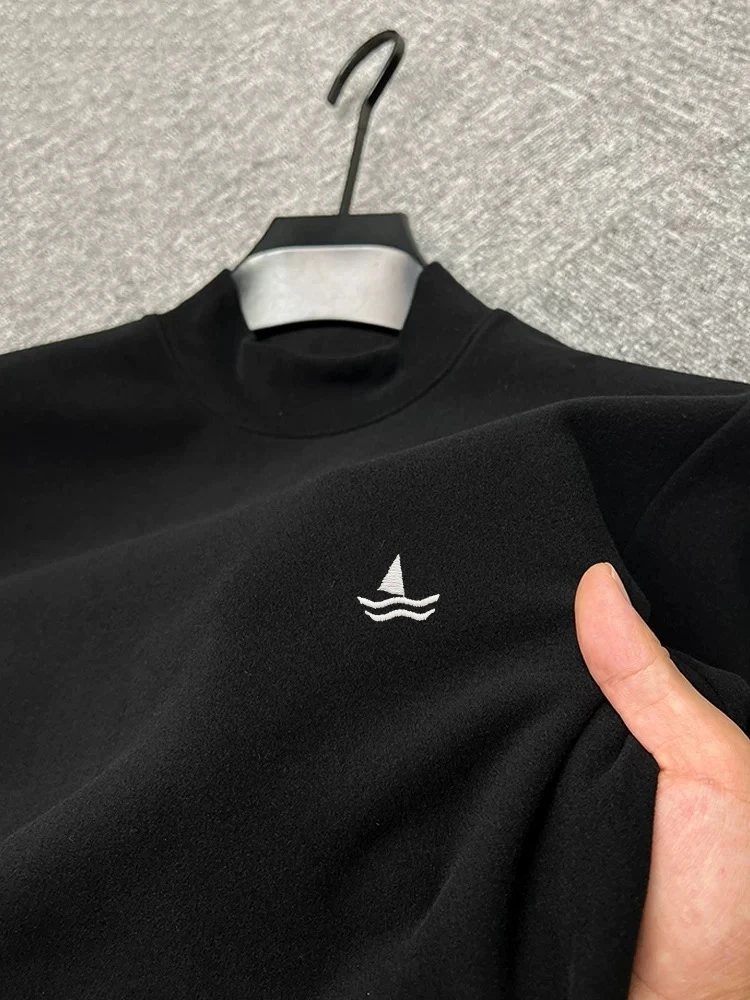 الاتجاه المراكب الشراعية المطرزة الرجال طويلة الأكمام تي شيرت الراقية العلامة التجارية المخملية الراحة سترة جديدة موضة شبه عالية الرقبة السترة