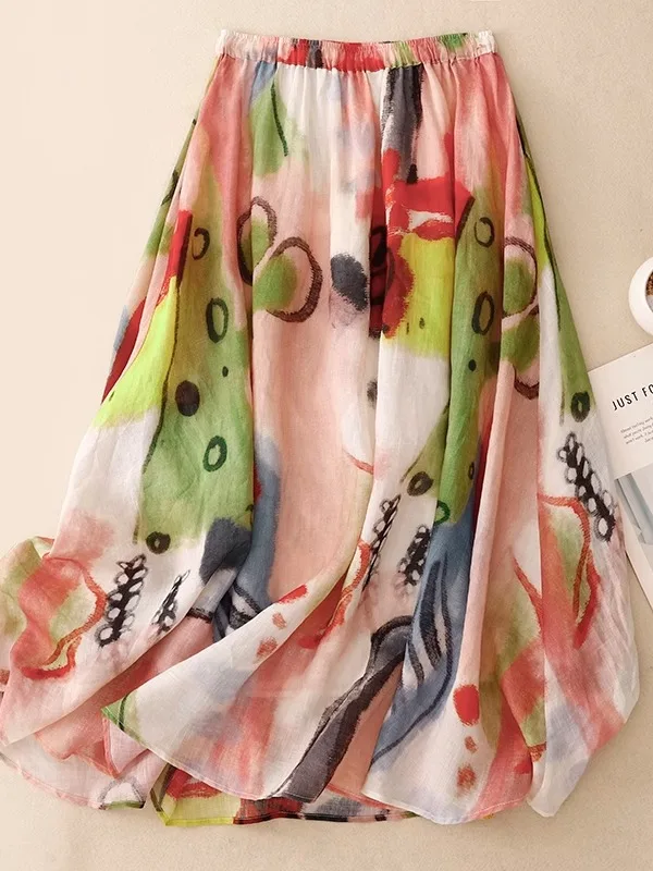 Jupe mi-longue trapèze surdimensionnée pour femmes, été, coton et lin imprimé, peinture fiti, jupe longue transparente, longueur f, parapluie...