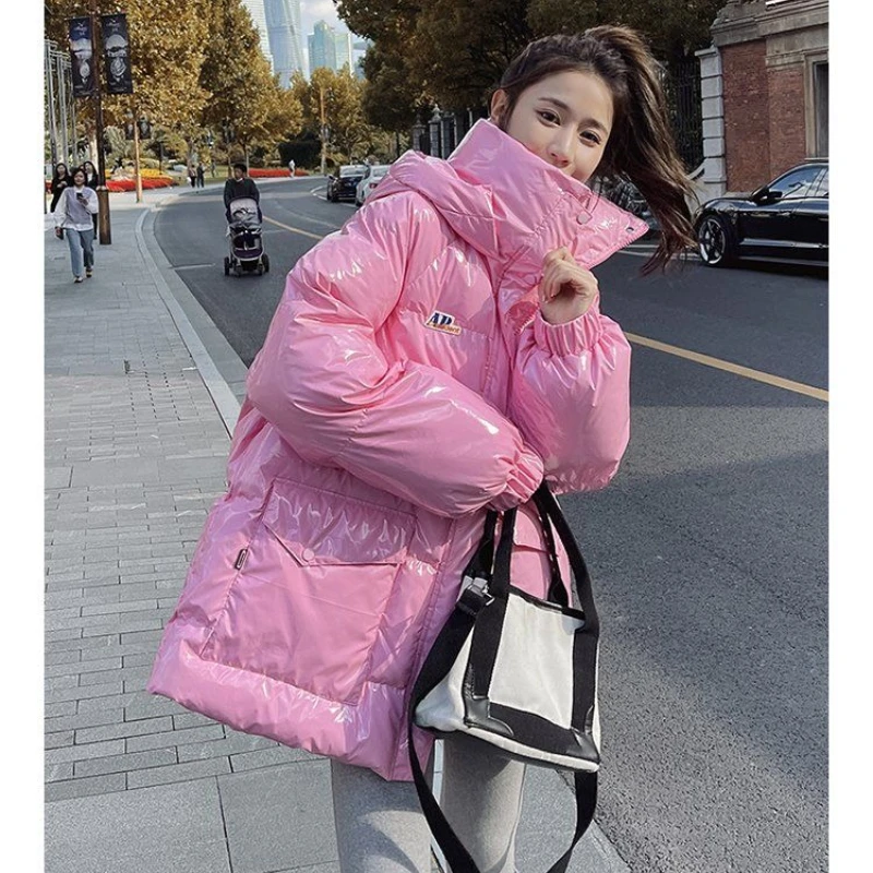 Pink Glossy Down Cotton-padded Jacket Women Mid-length Hooded Parkas 2025 New Bestseller Korean-style Petite Winter Coat Women