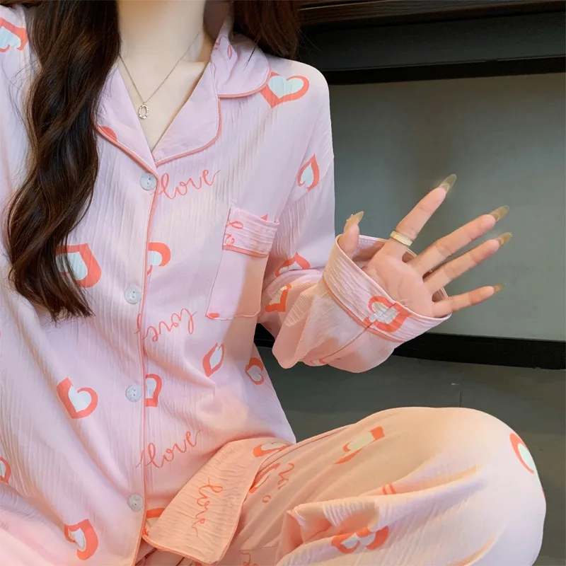 الوردي ربطة القوس فيونكة الحب طباعة منامة للنساء كم طويل بلوزات ومرونة الخصر السراويل منامة مجموعة Harajuku نمط ملابس منزلية جديدة غير رسمية