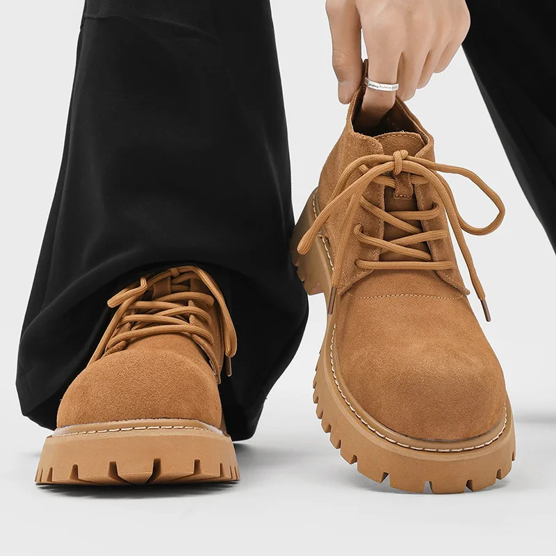 British style mens casual cow suede leather boots lace-up platform shoes outdoors cowboy tooling work boot stylish ankle botas