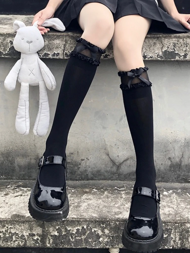 Bas d'uniforme de Cosplay Anime JK, chaussettes hautes en dentelle à bord ébouriffé pour femmes, chaussettes à nœud de couleur unie Preppy de Style japonais