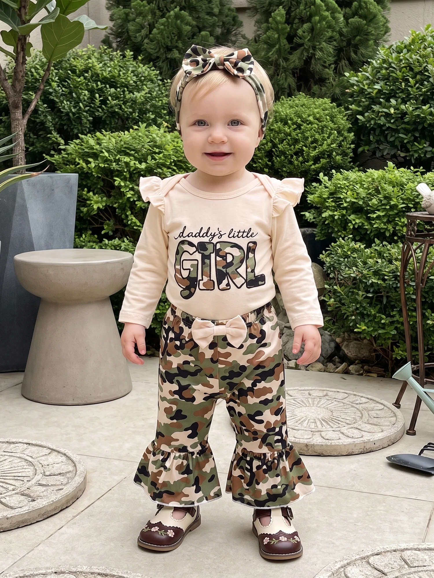 Baby Girl Fall Bell Bell Bottom Outfit Long Sleeve Long-Sleeve-Romper Bottom Headband Fall Outfit Long Camo Bell Lightweight