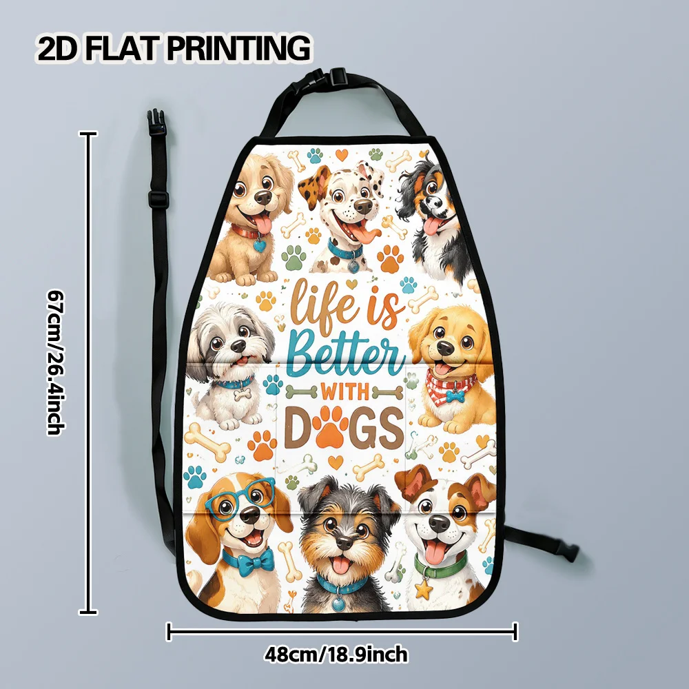 2D Flat, 2pcs Playful Cartoon Dogs Print Backseat Car Organizer Mats, Versatile Foldable Storage Pouch, Elegant Car Interior Dec