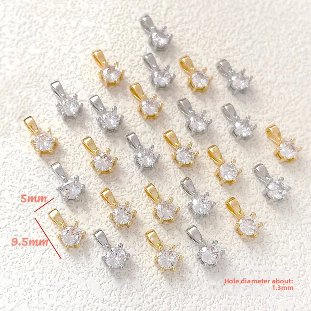 6 Pieces Gold-plated Brass Inlaid Zircon Round Six Claw Pendant DIY Makes Fashionable Jewelry Necklace Bracelet Accessory